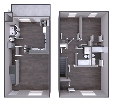 A 3D rendered image of a bathroom layout.